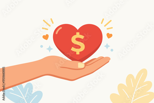 Vector Illustration of a Hand Holding a Red Heart with a Dollar Sign, Representing Charity Donation, Financial Support, Nonprofit Community Assistance, Philanthropy, and Volunteer Giving Concept