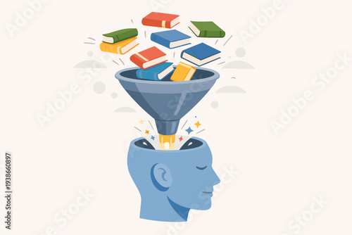 Illustration of a human head with a funnel absorbing books to represent fast learning, education, knowledge acquisition, information processing, mental growth, and academic inspiration.