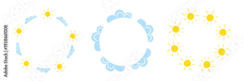 Cute round frames with hand drawn flat sun and clouds isolated on white background.