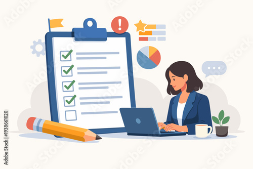 Professional woman working on laptop next to giant checklist clipboard, completing tasks, project management, productivity concept, to-do list, survey feedback, office work, vector illustration.