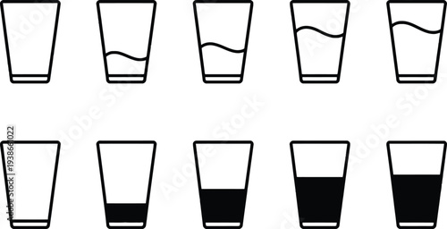 Water level measurement in glass vector icon set, minimalist flat design liquid volume indicators, scalable illustration for infographics