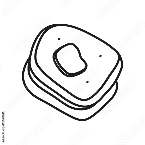 Appetizing doodle outline square shaped porous bread slices with butter isolated on white background. Hand drawn line art wholegrain sandwich for breakfast, cafe, bakery, packaging, posters, etc. Carb