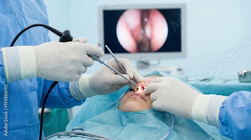 Surgeons performing endoscopic nasal surgery with a monitor displaying the procedure in the operating room.