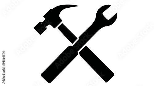 A stylized crossed hammer and wrench, presented in black against a stark white background