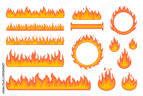 A set of vibrant orange and yellow flame icons and borders on transparent background