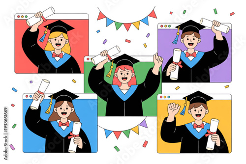 A colorful illustration of five happy graduates in caps and gowns holding diplomas on transparent background