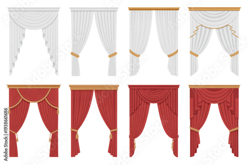 A set of colorful curtain designs on transparent background