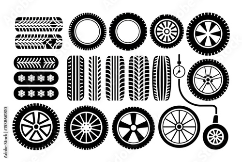 A set of black and white tire and wheel icons on transparent background