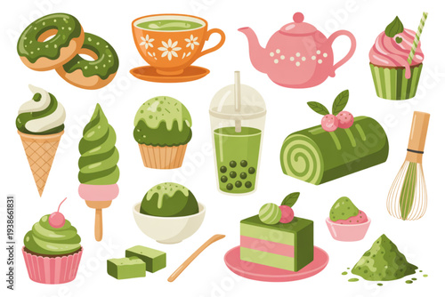A colorful vector graphic illustration of various green tea desserts and drinks on transparent background