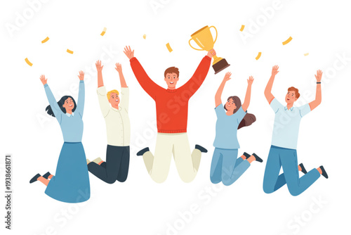 A group of people jumping in the air with a trophy on transparent background