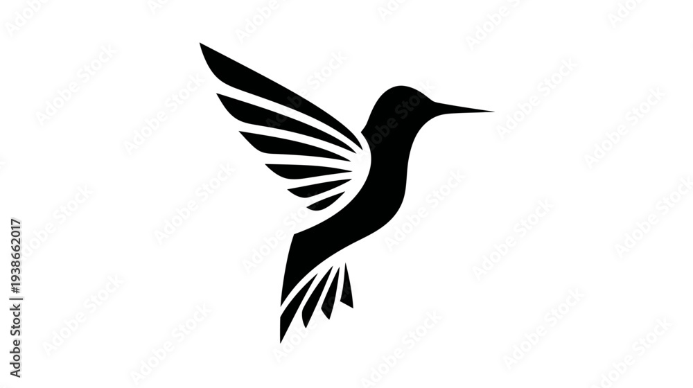 Naklejka premium A stylized black hummingbird silhouette in flight, wings outstretched, against a stark white backdrop