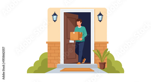 Delivery at the doorstep: a person carries a package to a home entrance.