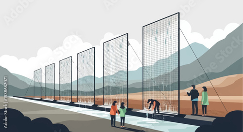 Scenic boardwalk along a mountain valley with glass panels and pedestrians enjoying open air landscape.