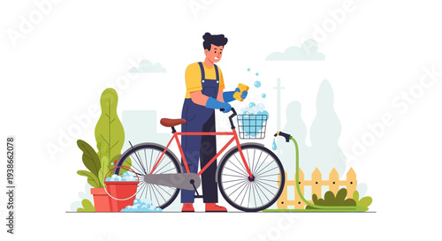 A man in overalls repairs a bicycle outdoors in a lush garden setting with plants and flowers.