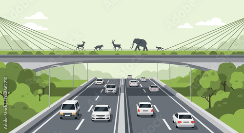 Multi-lane highway under a modern bridge with vehicles and distant grazing animals on a lush green landscape.