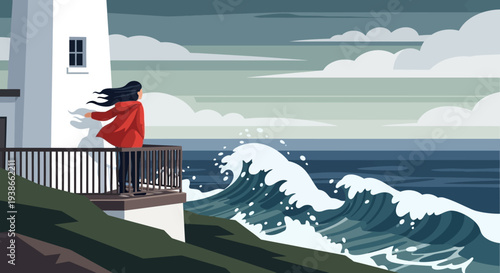 A Windward Cliffside Scene with Red-Clad Figure Gazing at Roaring Sea.