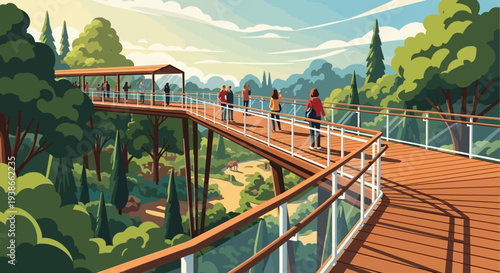 Scenic elevated wooden boardwalk through lush forest valley with visitors enjoying the view.