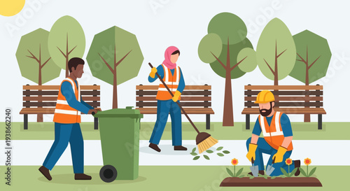 Community volunteers clean up park, remove litter, and promote environmental awareness in public space.