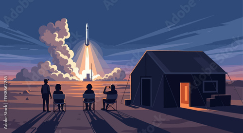 Nighttime rocket launch observatory with spectators and support tents.