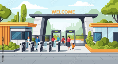 Sunny campus entrance with turnstiles, visitors, and welcoming archway.