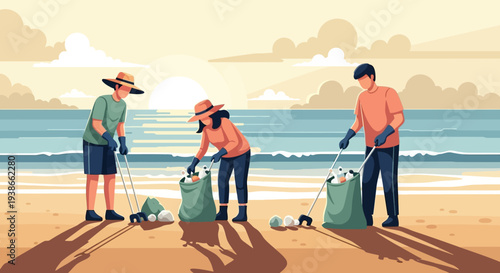 Beach Cleanup by Volunteers Collecting Litter to Protect Ocean and Shoreline.