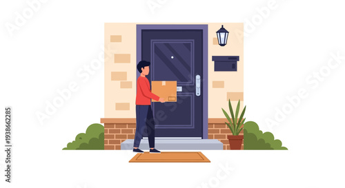 Delivery Person at the Front Door with a Package on a Welcoming Home Porch.