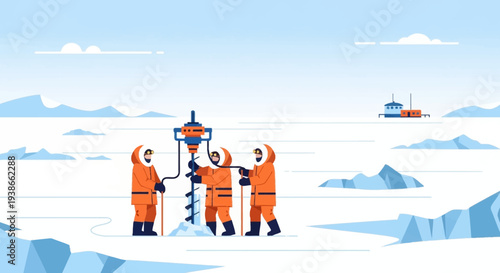 Researchers in orange cold-weather suits conduct Arctic ice field study under a clear blue sky and drifting icebergs.