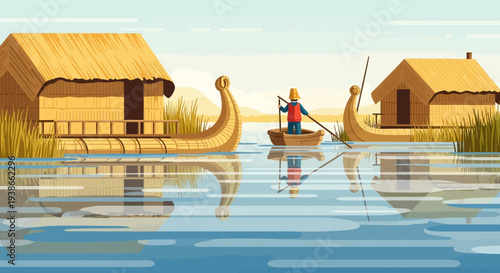 Tropical river village with thatched huts, boats, and paddlers along calm waters.