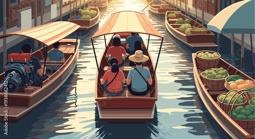 Colorful floating market boats on a sunlit canal with shoppers and vendors.