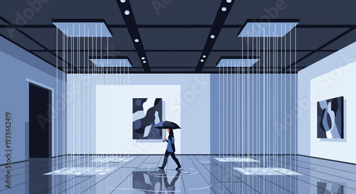 Blue toned contemporary art gallery with a visitor walking through an exhibition space.