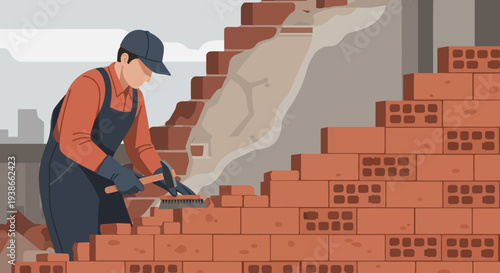 Construction worker laying bricks at a partially built wall with scaffolding and tools.