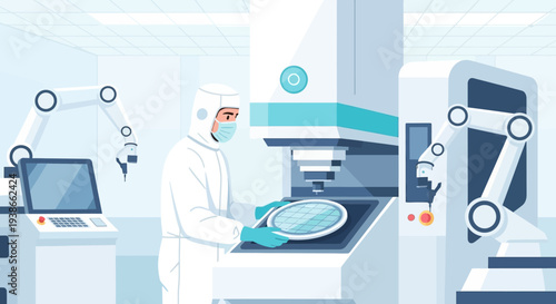 Scientists operate advanced laboratory equipment in a cleanroom research facility.