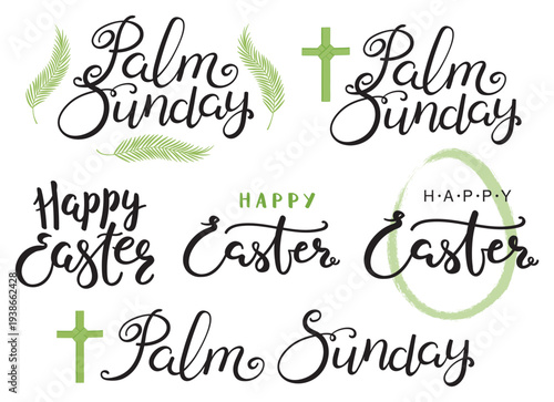 Happy Easter, Palm Sunday, leaf cross, crucifix, hand lettering quote isolated set. Hand drawn text, calligraphy. Vector illustration. Religious celebration design element, clip art collection
