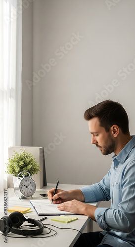 Man writing paper planner morning routine home office vertical mobile