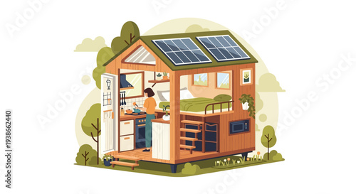 Illustration of a compact eco house with solar panels and garden.