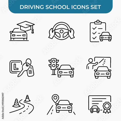 Driving School Icons: A set of driving school icons, representing learning, guidance, and the path to becoming a driver, perfect for educational materials and related applications.