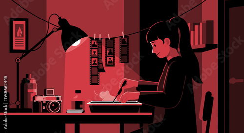 A Focused Woman Studies at a Red-Lit Desk Under a Cozy Lamp by Shelves.
