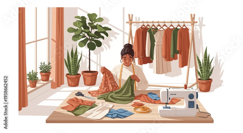 Sunny, Plant-Filled Home Sewing Studio Showcasing Fabric, Patterns, and a Crafting Maker at Work.