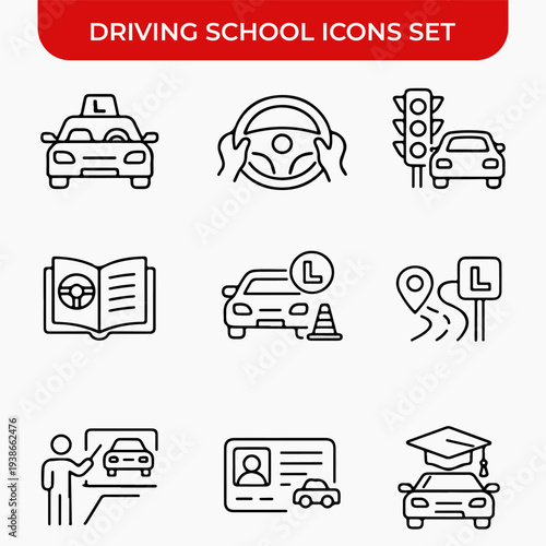 Driving School Icon Set: A comprehensive collection of meticulously crafted line icons illustrating various facets of driving instruction. Featuring a car with an L sign, a steering wheel.