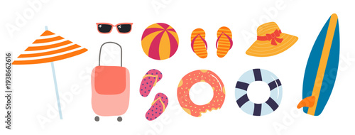 Beach essentials, summer holidays, resort objects illustration isolated set. Pool float, surfboard, umbrella, hat, flip flops, sunglasses. Flat design element, clip art collection, hand drawn vector