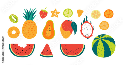 Tropical fruit illustration isolated set. Seasonal fruit, food, summer holidays, vacations, resort, healthy snack. Flat design element, clip art collection, hand drawn vector