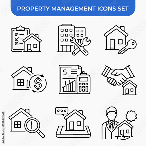 Property Management Icon Set: A comprehensive collection of meticulously crafted line icons, perfectly representing various facets of property management.