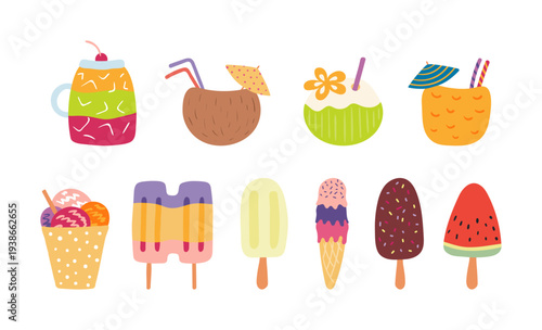 Tropical cocktail, ice cream, illustration isolated set. Seasonal food, drink, refreshment, summer holidays, vacations, tropical resort. Flat design element, clip art collection, hand drawn vector