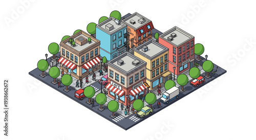 colorful city street with buildings and trees