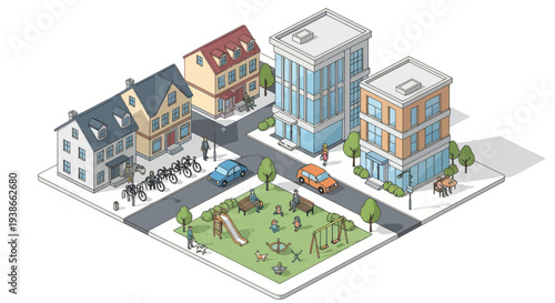 urban neighborhood with park and buildings