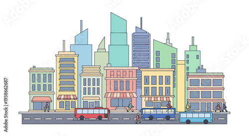 city skyline with colorful buildings and buses