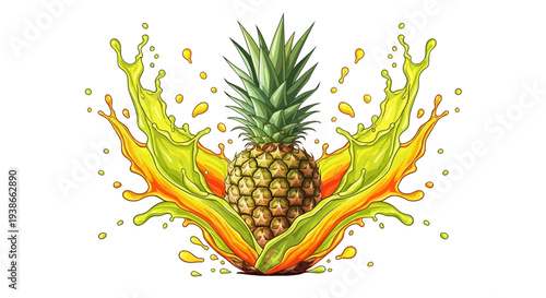 A vibrant pineapple surrounded by a dynamic splash of juice and colorful liquid motion, showcasing a refreshing tropical scene.