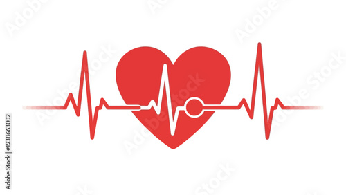 Heartbeat graph with red heart and white line on white background