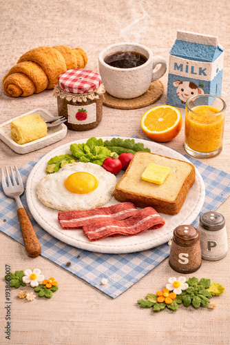 Classic Breakfast with Fried Egg Bacon Toast and Coffee