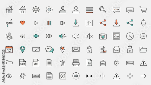 Collection of modern flat design icons for web and app interfaces.